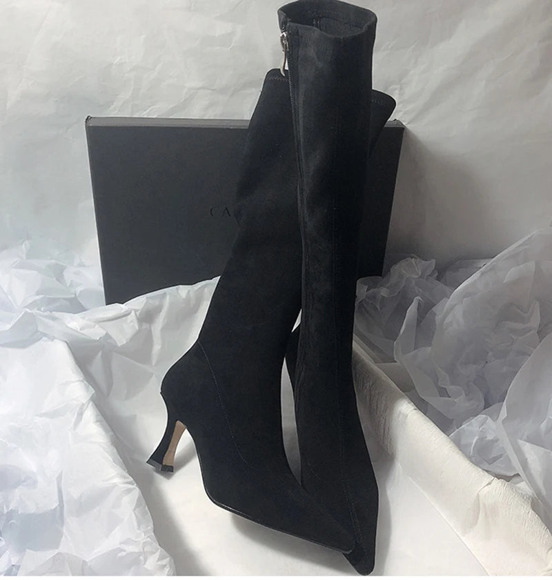 Women Stretch Modern Long Boots Fashion Pointed Toe Knee High Booties Designer High Heels Shoes.