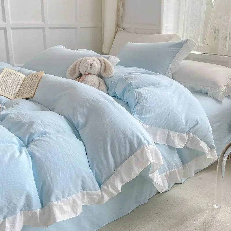 Korean Princess Style Duvet Cover Set No Filling Pink Blue Soft Washed Cotton Girls Favorite Ruffles Bed Linen Pillowcases.