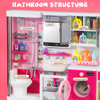Pink Bathroom Playset with Shower, Vanity, Laundry Cabinet, and Ironing Board, Christmas/Thanksgiving/New Year Gift.