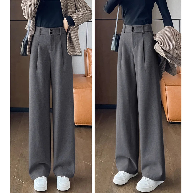 2024 Autumn Winter Women Concise Woolen Pants Lady Wide Leg Designer Outside Trousers Female Thicken High Waisted Draping Pants.