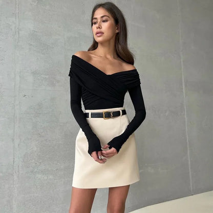 Y2K Women Sexy Off Shoulder Bodysuit Solid Color Long Sleeve Skinny Romper Crossed Folds Fashion Streetwear Autumn.