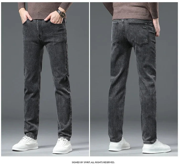 Spring Autumn New Men's Pure Black Slim Jeans Elastic Straight Pants Business Fashion Leisure Korean Vintage Denim Pants Male
