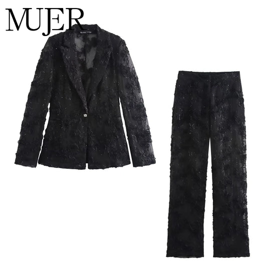 MUJER Sequin Pants Sets for Women 2 Pieces Flower Women's Pants Blazer Suits 2 Pieces Sets Women Outfit Semi Sheer Trousers Sets.