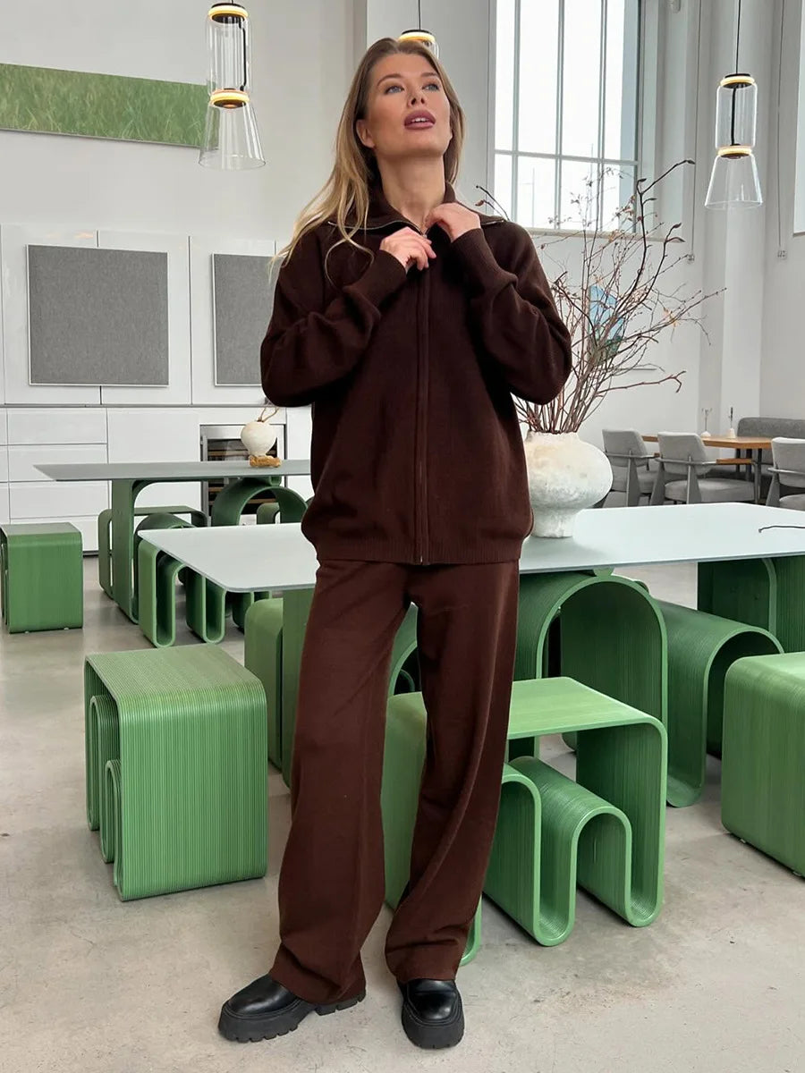 Tornova Zipper Strickjacke Pullover Anzug Weibliche Gestrickte Langarm Casual Mantel Breitbeinig Hosen Pullover frauen Zwei Stück Set
