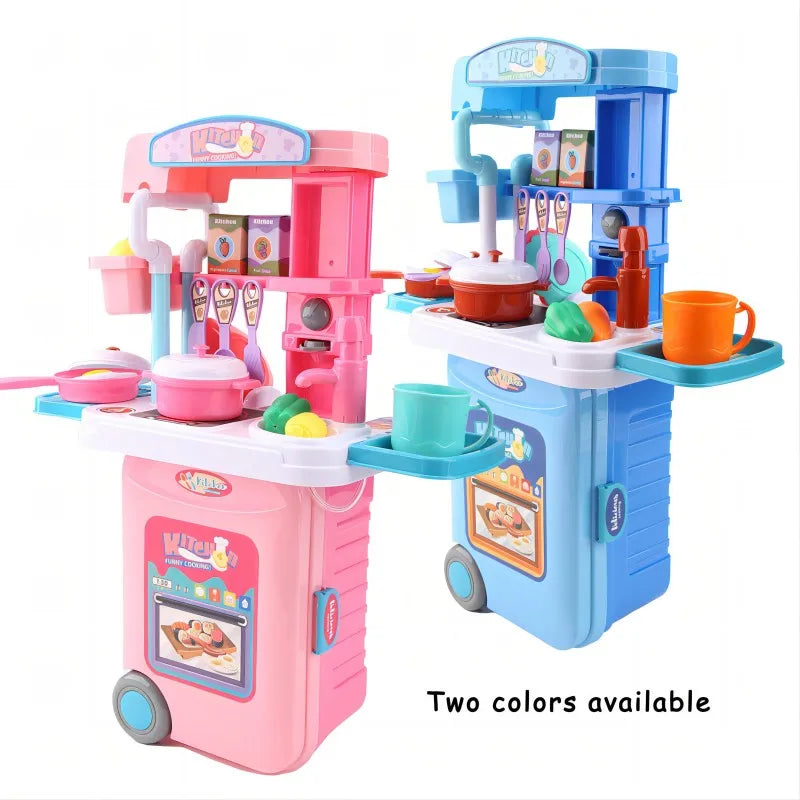 Mini 3-in-1 Kitchen Set Toy Kitchen Pretend Play Integrates Storage Boxes and Tableware Sets Portable Suitcase Cooking Kits Toys.