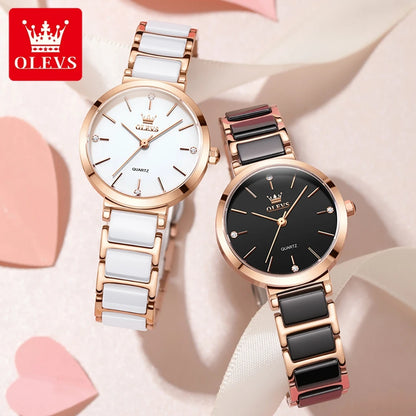OLEVS 5877 Japan Quartz Movement Woman Watch Simple Elegant Luxury Rose Gold Ceramics Strap Waterproof Ladies Dress Wristwatch.