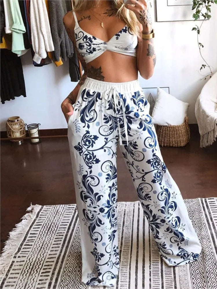 Sexy Two Piece Set Women Outfit 2025 Summer Butterfly Print V-Neck Cropped Top High Waist Drawstring Casual Wide Leg Pants Sets.