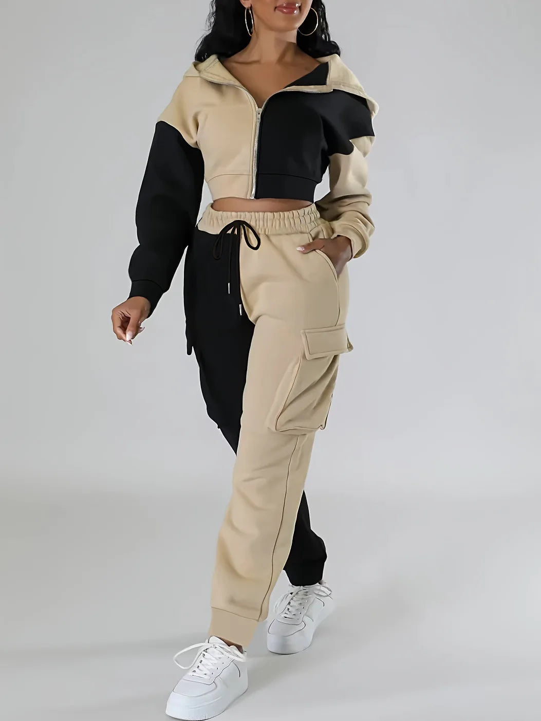 Women Loose Autumn Winter Two Pieces Suit Matching Sets Hoodie Tracksuit Blocked Zipper Short Outerwear Drawstring Cargo Pants.