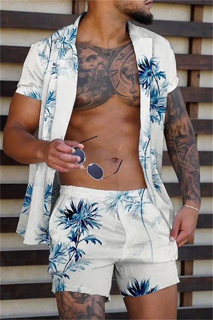 Hawaiian Plants Multicolor Print Men's Shirt and Shorts Two Piece Set Casual Vacation Men's Shirt Set Short Sleeve Button Shirt.