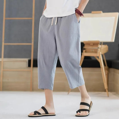 2025 new summer men's casual imitation linen seven quarter pants, thin solid color cut pants, fashionable hip-hop street sports.