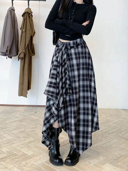 MEXZT Vintage Plaid Woolen Midi Skirt Women Y2K Harajuku Belt Asymmetrical Skirts Winter Gyaru Grunge Korean Design Faldas New.
