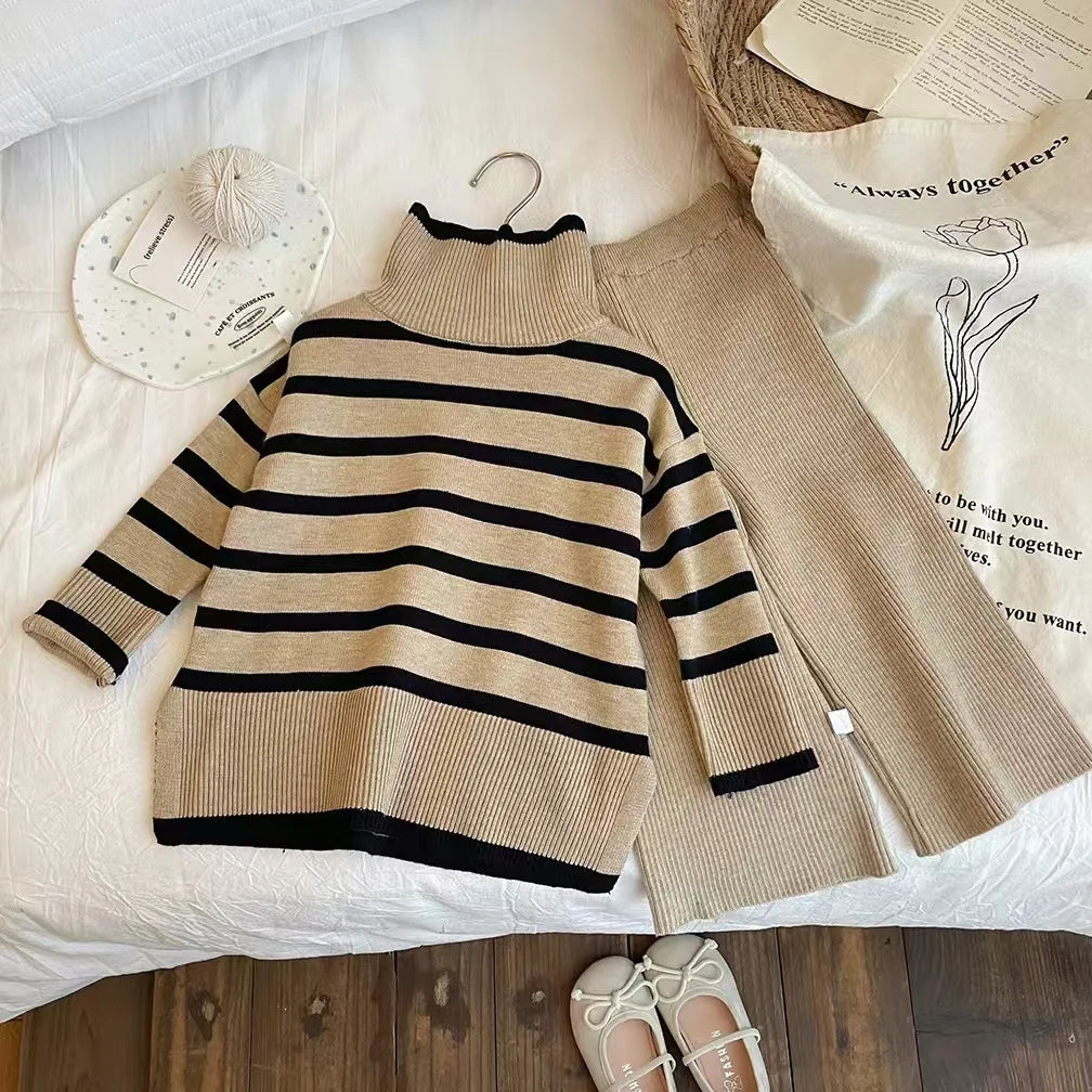 Girls' Autumn/Winter High Collar Sweater Set 2025 New Style Female Baby's Stylish Knitted Sweater Wide Leg Pants Two Piece Set.