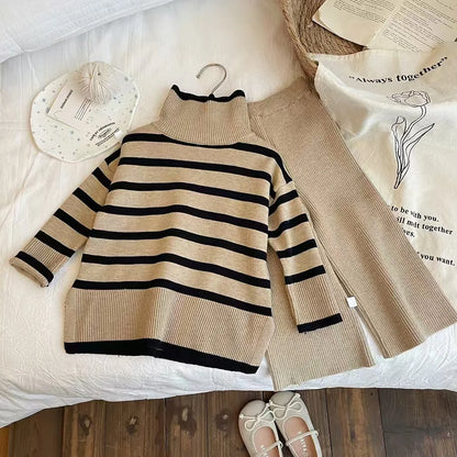 Girls' Autumn/Winter High Collar Sweater Set 2025 New Style Female Baby's Stylish Knitted Sweater Wide Leg Pants Two Piece Set.