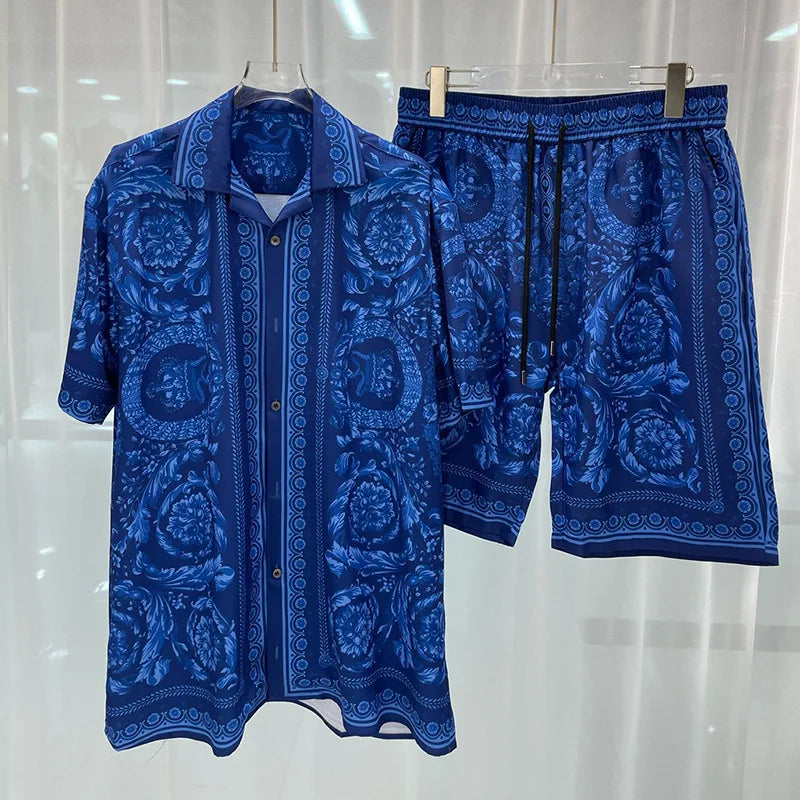 Royal luxury digital printed men's set fashion two-piece shorts set high-quality summer short sleeved shirt Allen Sen Trendy Clo.