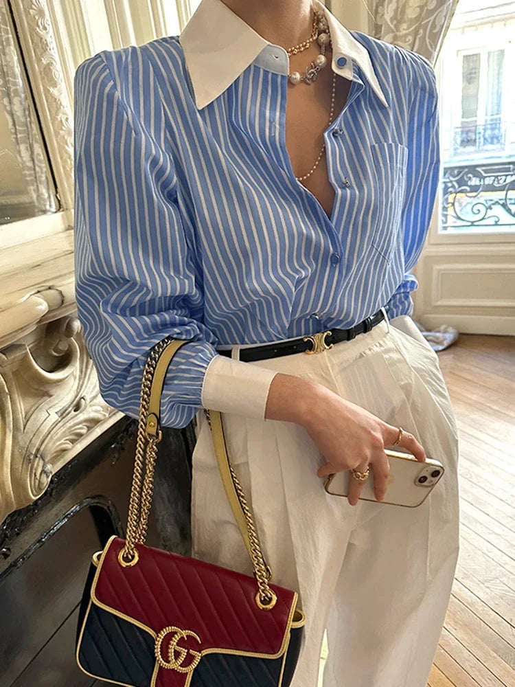 Jmprs Elegant Women Shirts Korean Striped Red Fashion Turn Down Collar Office Ladies Tops Long Sleeve Causal Female Blouse.
