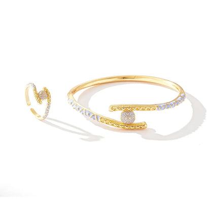Ajojewel Golden Dubai Bride Jewelry Set Blue Enamel Bangle Ring Adjustable Bangles For Woman.