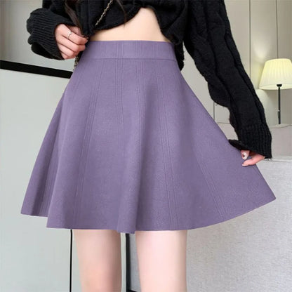 Solid Color Basic Knitted Mini Skirts Women New Autumn Winter Elastic Waist A-Line Skirts Ladies Korean All Match Pleated Skirt.