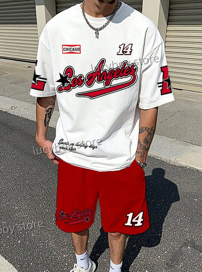 LOSANGLES NO.23 Print Men'S Summer Casual Short Sleeve T-Shirt Shorts Set Adult Basketball JoggingOversized 2 Piece Set Clothes.