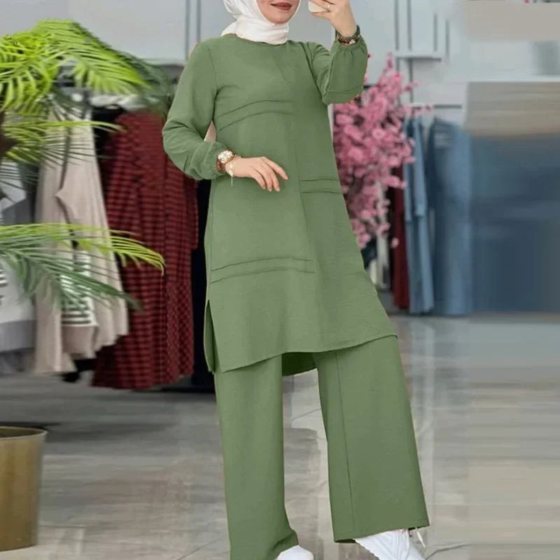 Ramadan Two Piece Sets Shirt Dress &Pants Women Muslim Suits Shirt Blouse Musulman Ensembles Moroccan Kaftan Islamic Dress Sets.