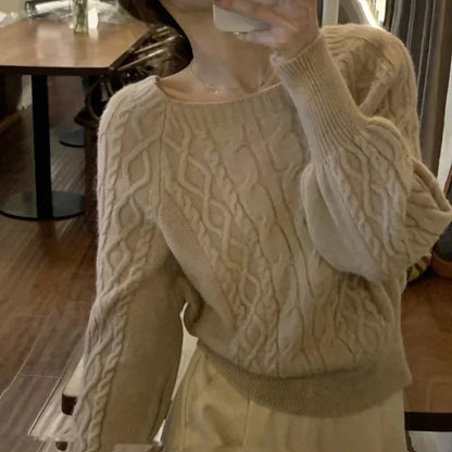 Frauen Square Neck Verdicken Rippe Pullover Laterne Hülse Lose Büro Stricken Pullover Frauen Herbst Winter Casual Feste Warme Pullover