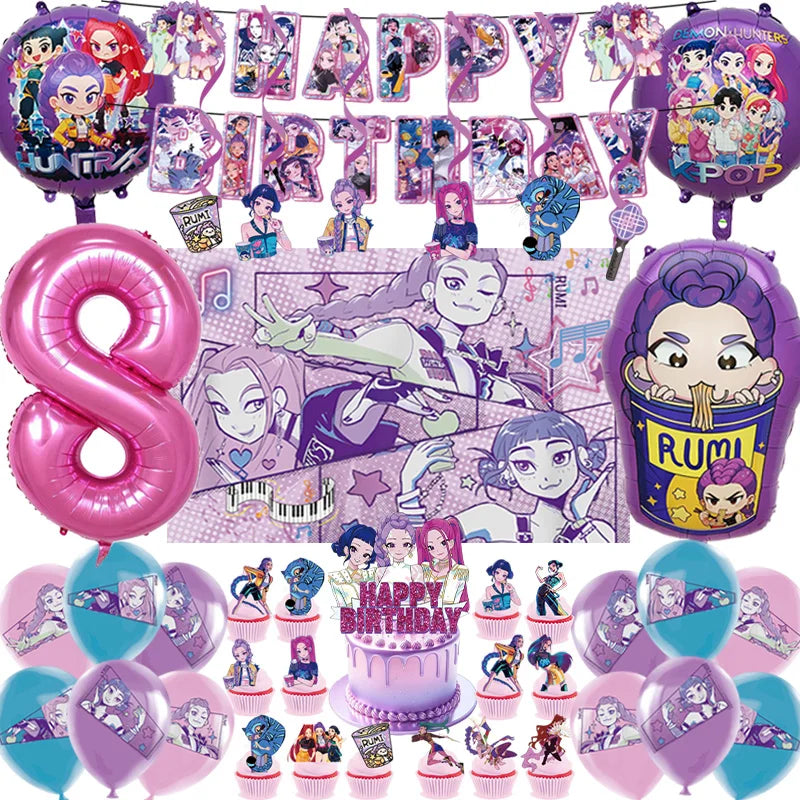 K Pop Dämonenjäger Party Ballon Kind Mädchen Alles Gute zum Geburtstag Party Dekoration Set 1-9. Nummer Ballon Banner Hintergrund Babyparty