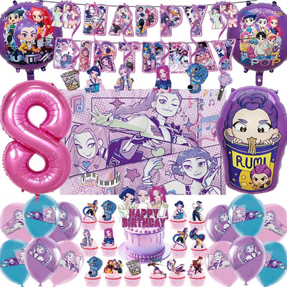 K Pop Dämonenjäger Party Ballon Kind Mädchen Alles Gute zum Geburtstag Party Dekoration Set 1-9. Nummer Ballon Banner Hintergrund Babyparty
