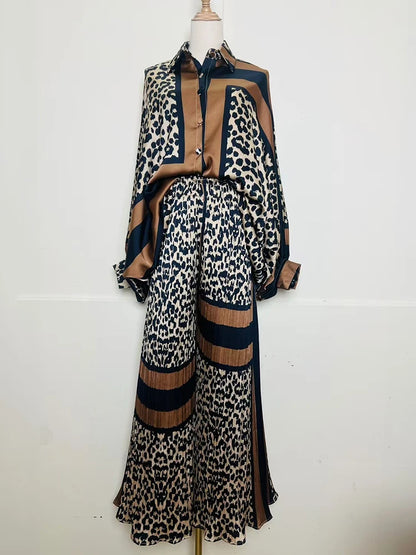 Designer's retro geometric print loose shirt two-piece set for Spring 2025 women's wear + pleated wide-leg pants fashion set.