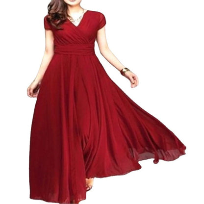 Boho Stil V-ausschnitt Kurzarm Chiffon Kleid Frauen Einfache Feste Hohe Taille Lange Robe Elegante Temperament Abend Party Kleid Neue.