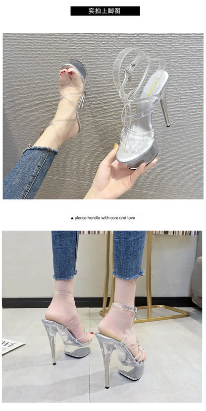 New 2024 Summer Fashion Sandals Sexy Open Toe 15CM High Heels Party Dress Wedding Nightclub Women Shoes Platform Stripper Heels