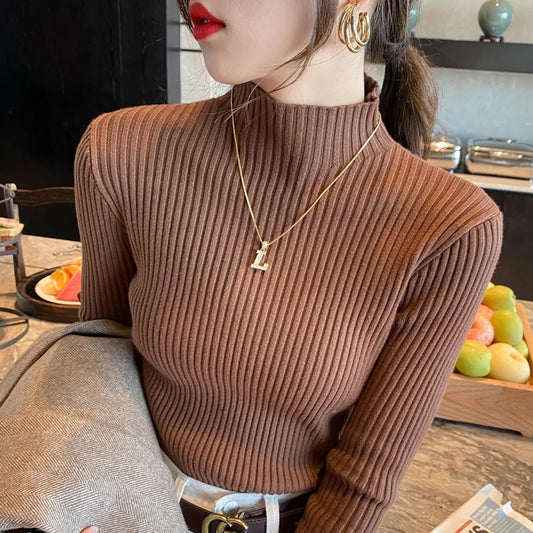 Winter Langarm Mock Neck Gestrickte Frauen Pullover Pullover Schlank Stricken Pullover Frauen Tops Blusas Mujer De Moda 2024 Blusa J995