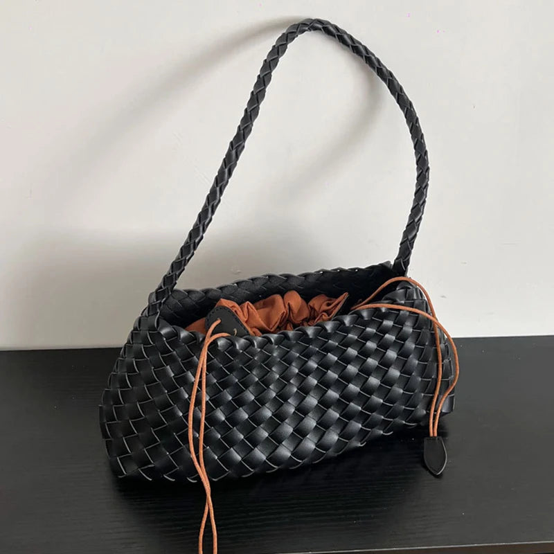 PU Hand-Woven women's Bag, Vegetable Basket Sailboat Bucket bag, Casual Vacation Handbag Shoulder Bag.