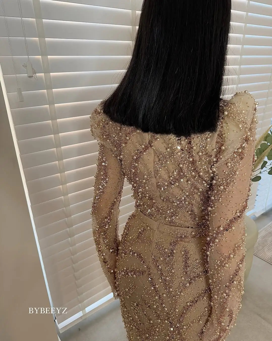 BABYONLINE Maßgeschneidertes Abendkleid All CoPearl Sleeve Full Crystals Etuikleid Abiye.