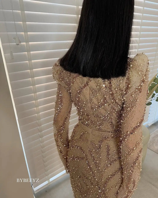 BABYONLINE Maßgeschneidertes Abendkleid All CoPearl Sleeve Full Crystals Etuikleid Abiye.