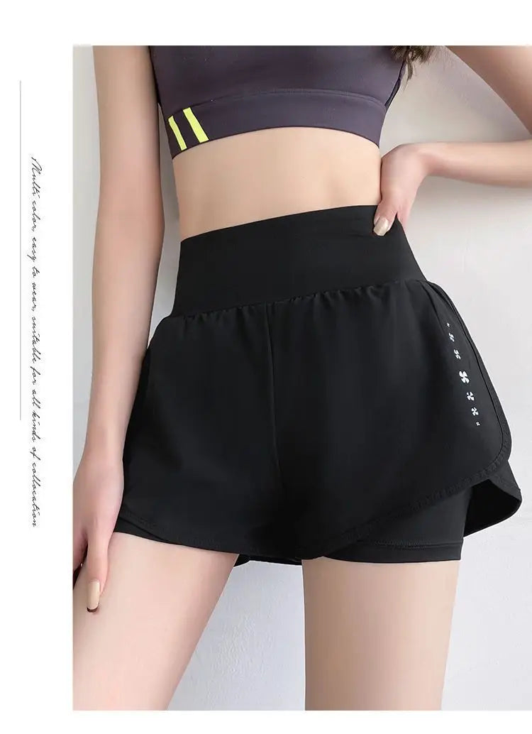 Women Yoga Pocket Shorts Fake Two Piece Anti Peek Shorts High Elastic Loose Fashion Casual Gym Trainning Three Point Pants.