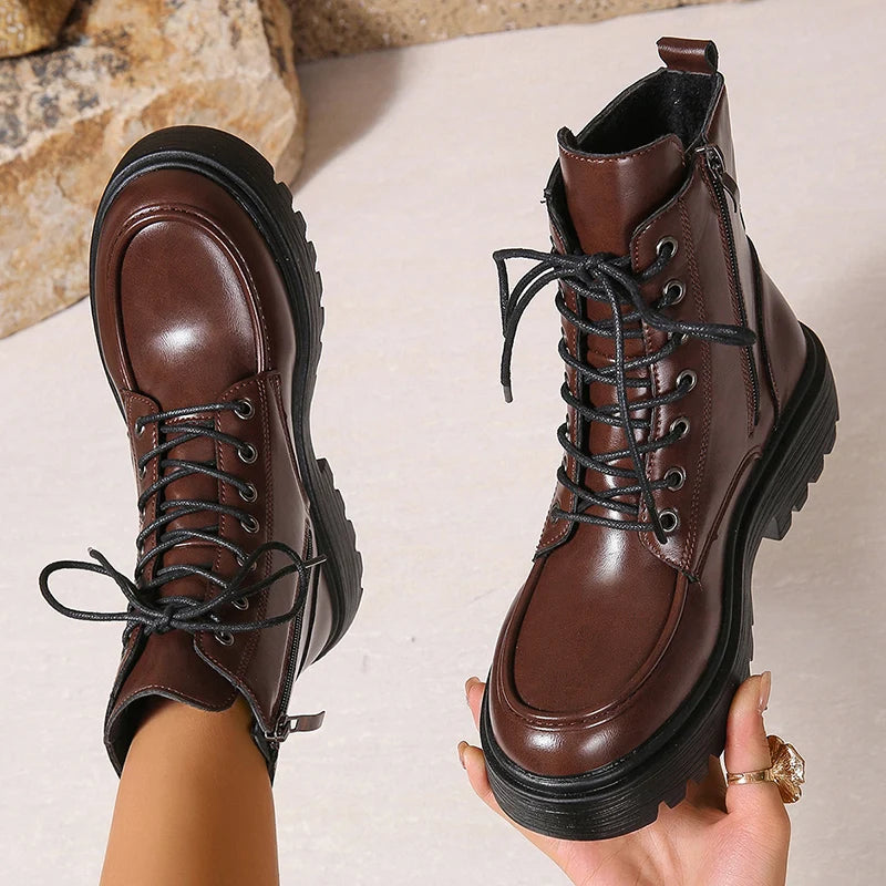 Women's Pu Leather Platform Ankle Boots Plus Size 35-42 Lace Up Motorcycle Boots Women Comfort Wide Leg Black Short Booties.