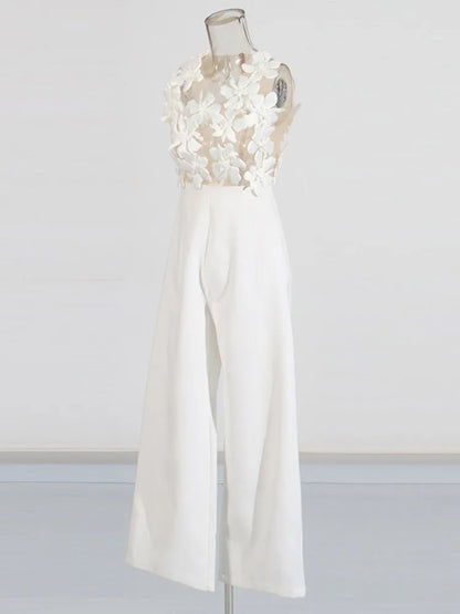 ZMEENNA Elegant White Floral Applique Jumpsuit For Women Sleeveless Wide Leg Romper With Sheer Mesh Top Perfect ZM726.