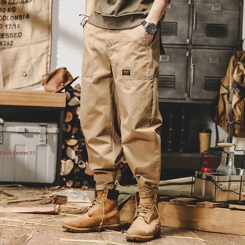 Autumn Summer Wide Leg Cotton Work Trousers Men's Cone Straight Loose Wear Resistant Pocket Pants Retro Wash Casual Workwear.