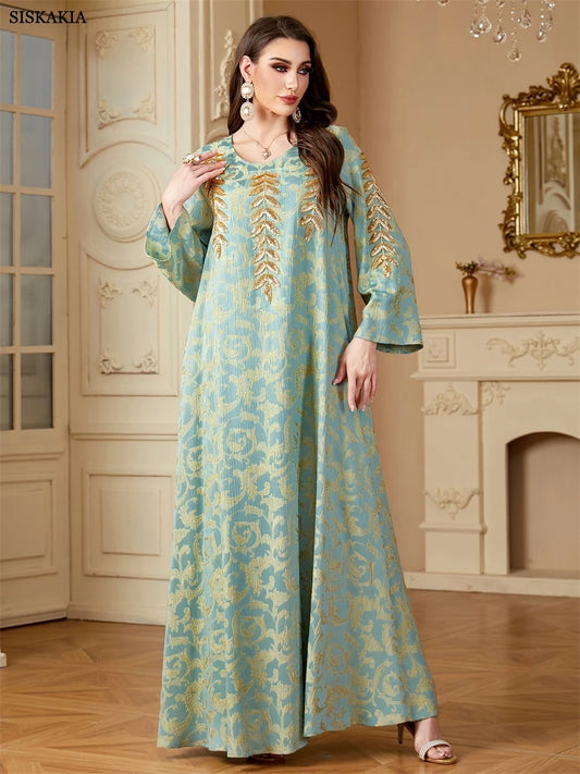 Siskakia Ramadan Dubai Elegant Floral Print Abayas For Muslim Women's Jacquard Beading Kebaya O-Neck Long Dresses.