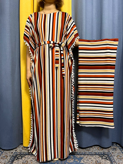 Abayas For Women 2024 Printed Vertical Stripe Tassels Elasticity Loose Fit Femme Robe African Woman Dresses With Belt Headscarf