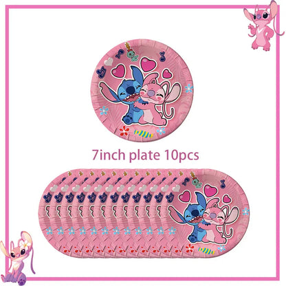 Disney Rosa Stich Geburtstag Party Dekorationen Geschirr Set Tischdecke Hintergrund Banner Für Kinder Geburtstag Dekorationen Lieferungen.