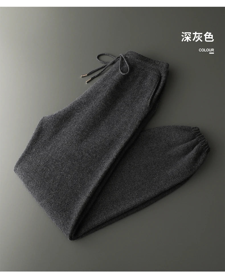 Autumn Winter New Thickened 100% Pure Cashmere Pants for Men High Waist Knitted Jogger Pants Solid Color Versatile Harem Pants.