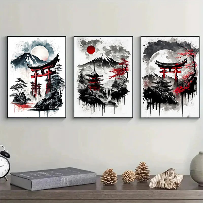 3pcs Frameless Japanese Natural Landscape Canvas Painting Black And Red Posters Vintage Ink Art Wall Prints For Living Room Home.