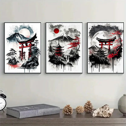 3pcs Frameless Japanese Natural Landscape Canvas Painting Black And Red Posters Vintage Ink Art Wall Prints For Living Room Home.