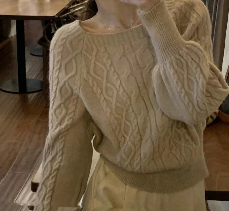 Frauen Square Neck Verdicken Rippe Pullover Laterne Hülse Lose Büro Stricken Pullover Frauen Herbst Winter Casual Feste Warme Pullover.