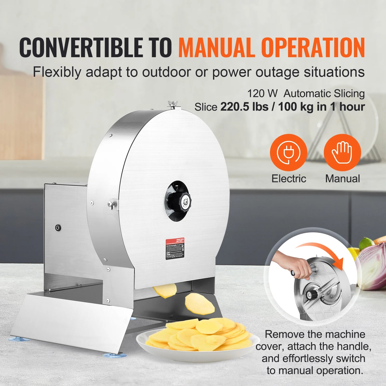 SucceBuy Electric Vegetable Slicer 0-12mm Thickness Adjustable Commercial Slicer Machine Convertible to Manual Food Cutter.