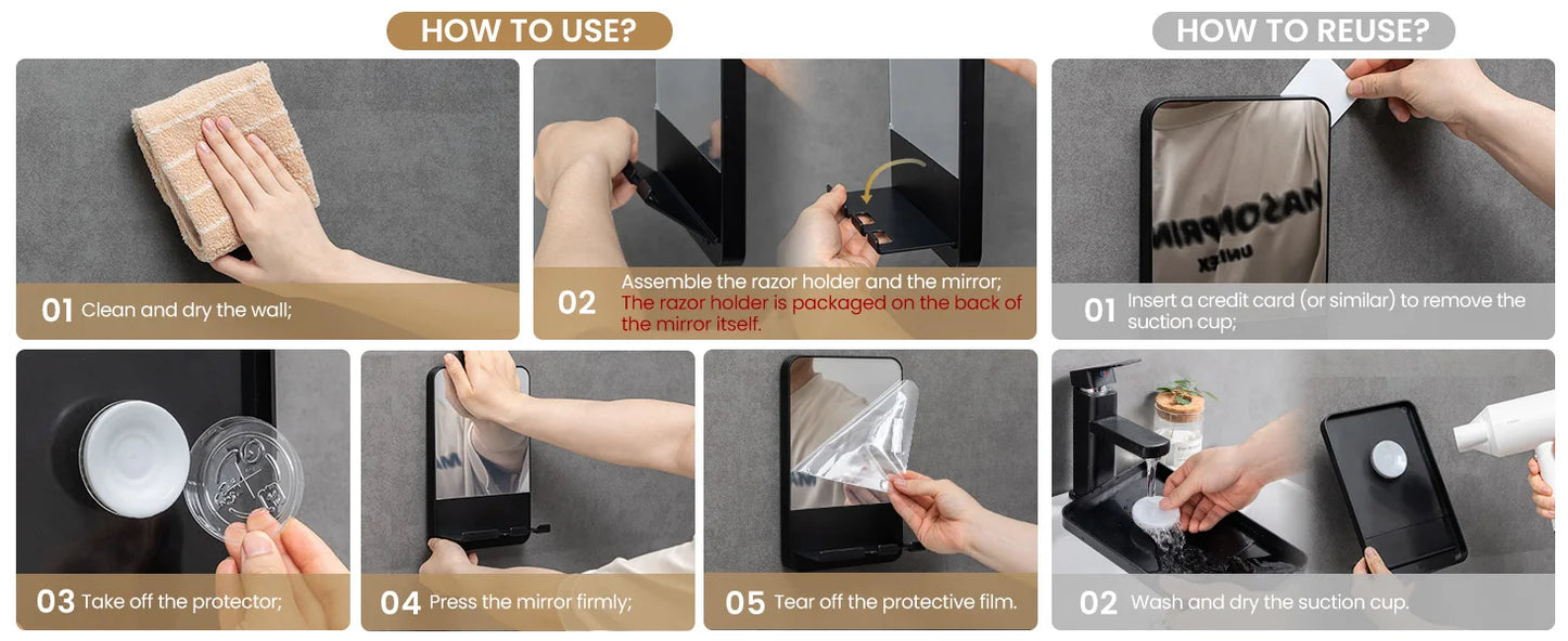 TAILI Shower Mirror Fogless for Shaving with Razor Holder, Fog Free Mirror Shower Suction Rust-Proof Removable Bathroom Mirror