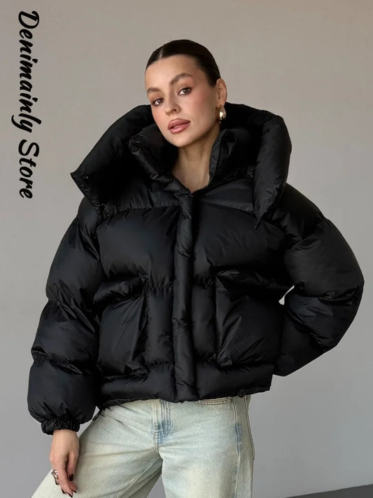 Casual Feste Kapuze Puffer Jacke Frauen Stehen Kragen Zipper Kurze Puffy Mantel 2025, Winter Dame Straße Warme Outer Neue