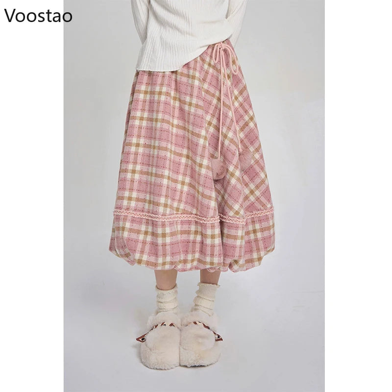 Pink Plaid Vintage Skirt Autumn Winter Women Preppy Style Chic Plush Ball Elegant Midi Skirt Korean Female Y2k A-Line Skirts.