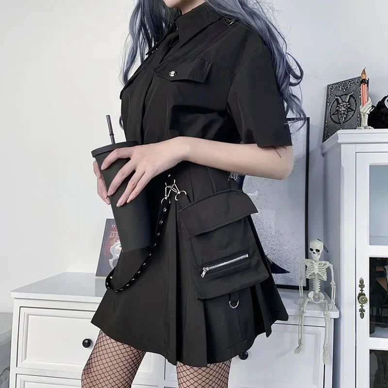 Harajuku Punk Gothic Black High Waist Black Skirts Women Sexy Patchwork Bandage Mini Female Streetwear Black Skirt.