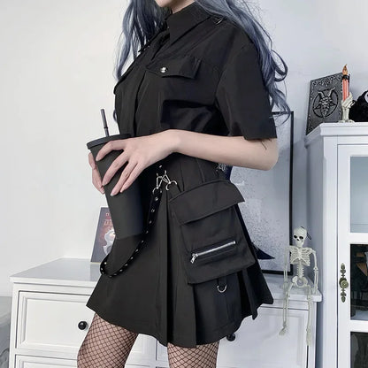 Harajuku Punk Gothic Black High Waist Black Skirts Women Sexy Patchwork Bandage Mini Female Streetwear Black Skirt.